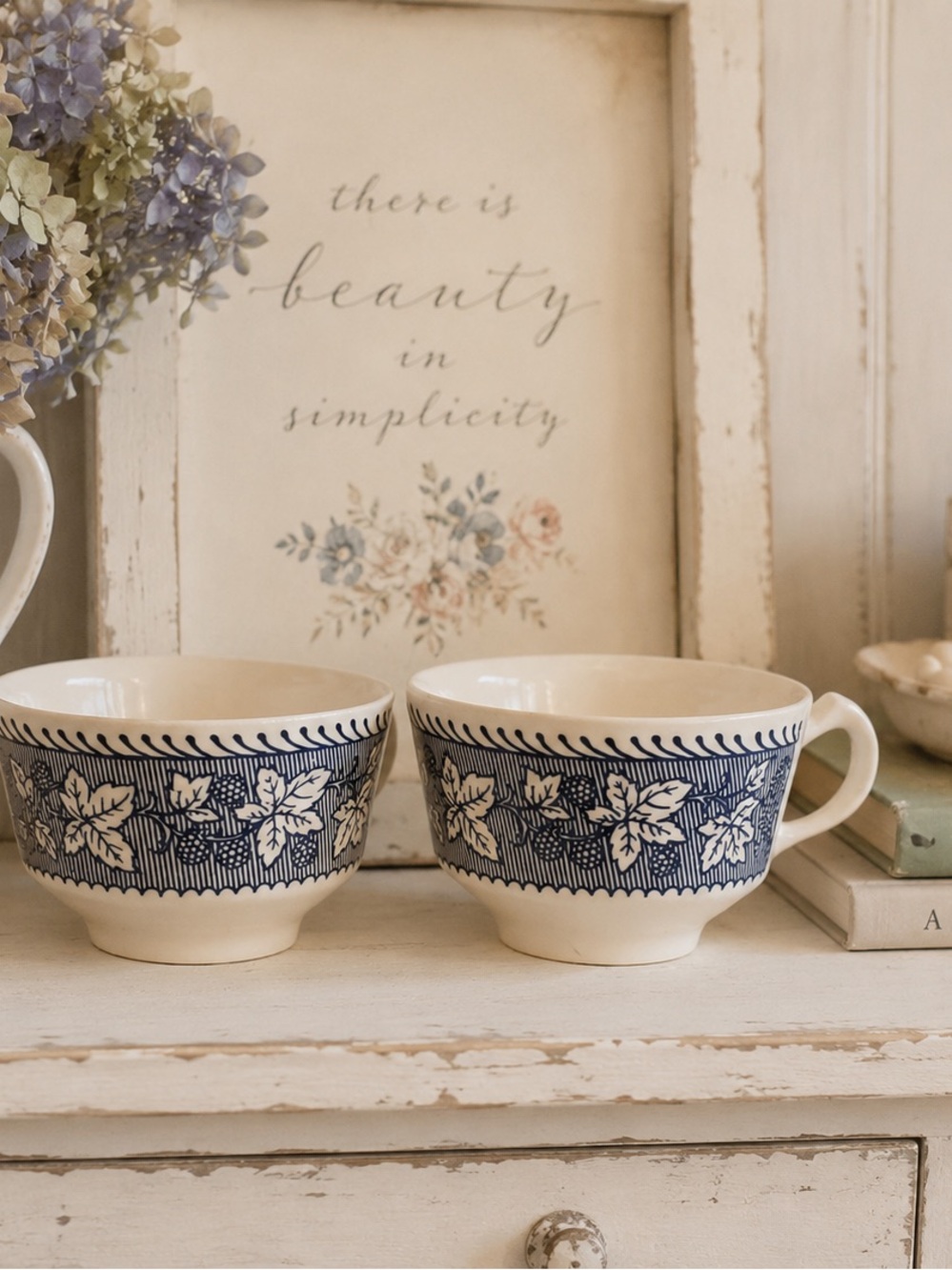 Vintage Navy and Cream Ceramic Tea Cups - Set of 2